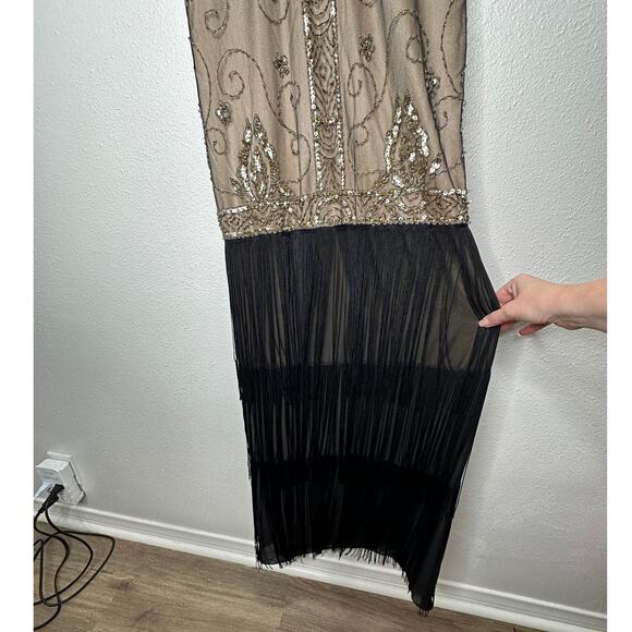 NWT Sue Wong Beaded Gold Mesh Top Black Fringe Bottom Evening Dress 8 - Picture 4 of 15